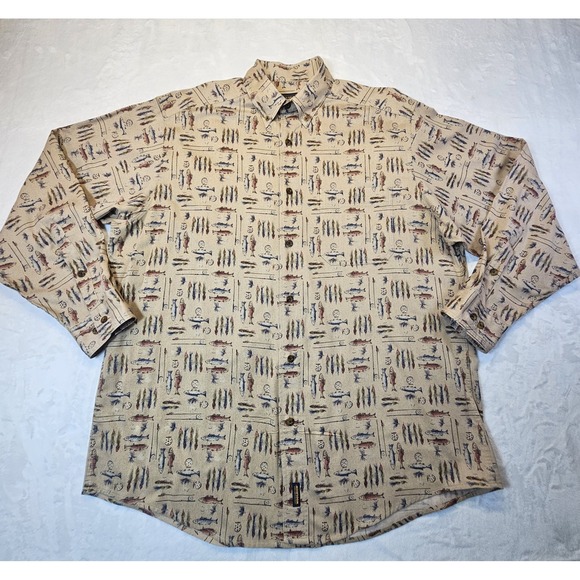 Woolrich‎ Fish + Fishing Poles Long Sleeve Button Down Flannel Shirt Mens Large - Picture 1 of 12